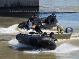 Members of Gendarmerie operating speed boats during the training exercise DRINA 2016