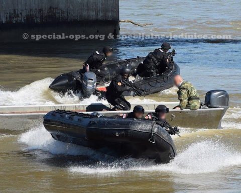 Members of Gendarmerie operating speed boats during the training exercise DRINA 2016