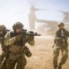 A joint special forces team move together out of a U.S. Air Force CV-22 Osprey Feb. 26, 2018, at Melrose Training Range, New Mexico. At Emerald Warrior, the largest joint and combined special operations exercise, U.S. Special Operations Command forces train to respond to various threats across the spectrum of conflict.