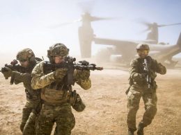 A joint special forces team move together out of a U.S. Air Force CV-22 Osprey Feb. 26, 2018, at Melrose Training Range, New Mexico. At Emerald Warrior, the largest joint and combined special operations exercise, U.S. Special Operations Command forces train to respond to various threats across the spectrum of conflict.