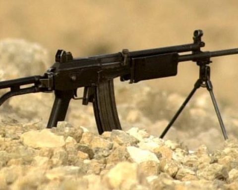 IMI Galil ARM chambered in 5.56 mm with bipod deployed