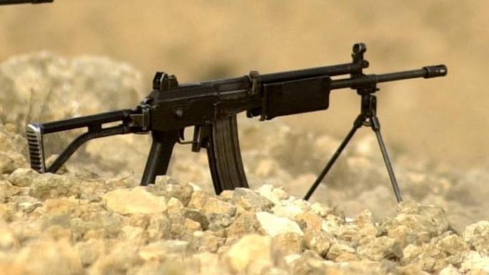 IMI Galil ARM chambered in 5.56 mm with bipod deployed