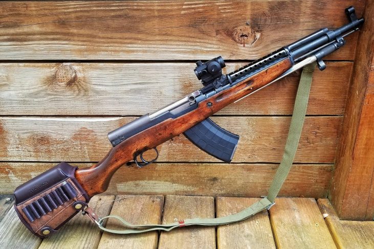 SKS rifle with 30 round magazine and installed optical sight