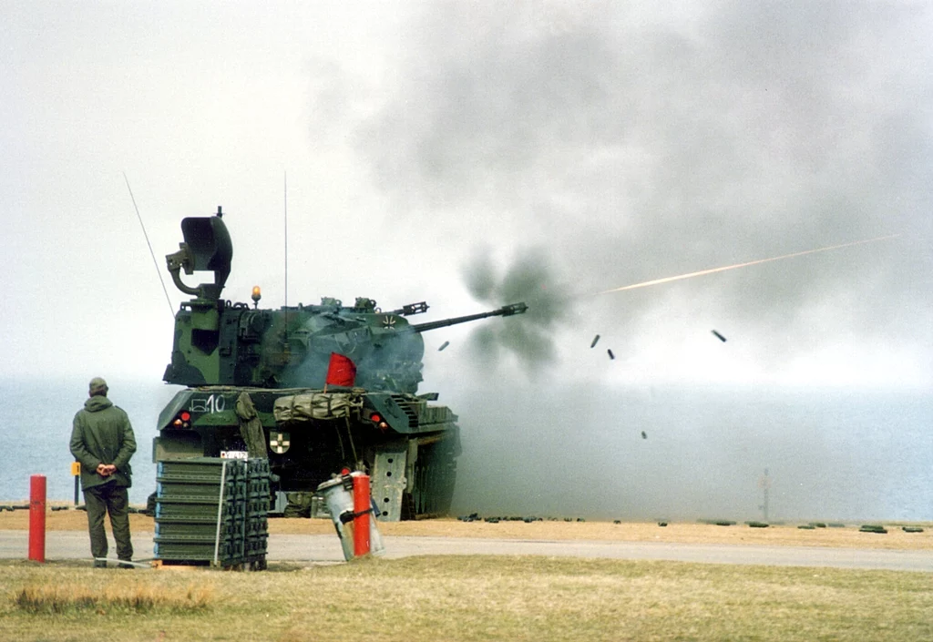 Flakpanzer Gepard firing at Hohwacht Bay Training area in 1987