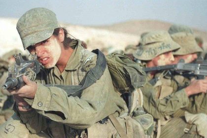 IDF soldiers aiming Uzi submachine gun