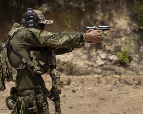 US Navy SEAL firing his sidearm at the shooting range in Philippines