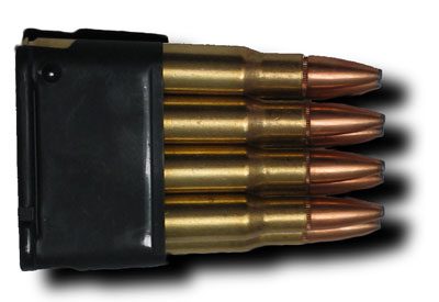 An M1 Garand en bloc clip loaded with eight .30-06 Springfield rounds