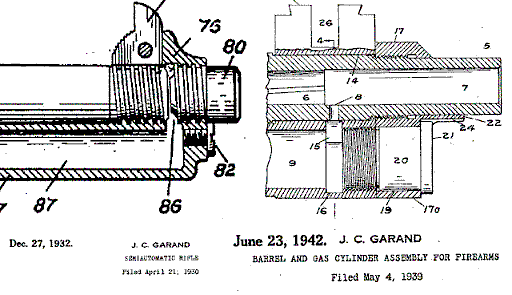Two of John Garand's patents, showing the original gas trap design and revised gas port system