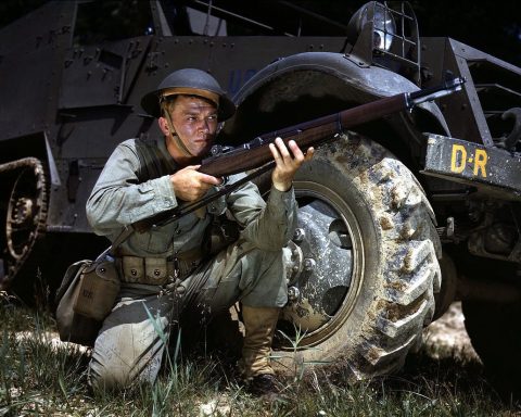 US Army Infantryman in 1942 with M1 Garand at Fort Knox, Kentucky