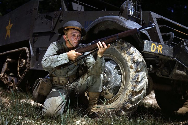 US Army Infantryman in 1942 with M1 Garand at Fort Knox, Kentucky