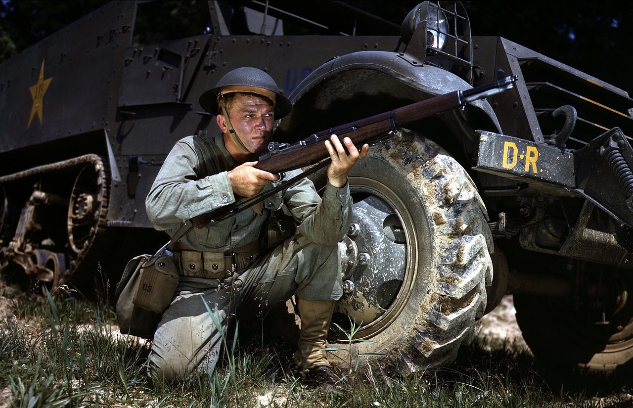 US Army Infantryman in 1942 with M1 Garand at Fort Knox, Kentucky