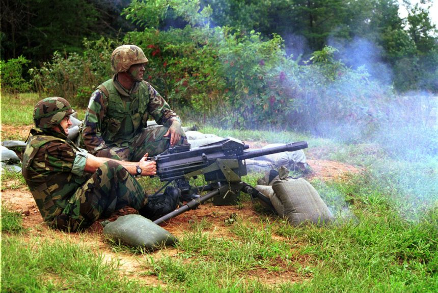 g from Mk 19 40 mm grenade launcher mounted on M3 tripod during a training exercise