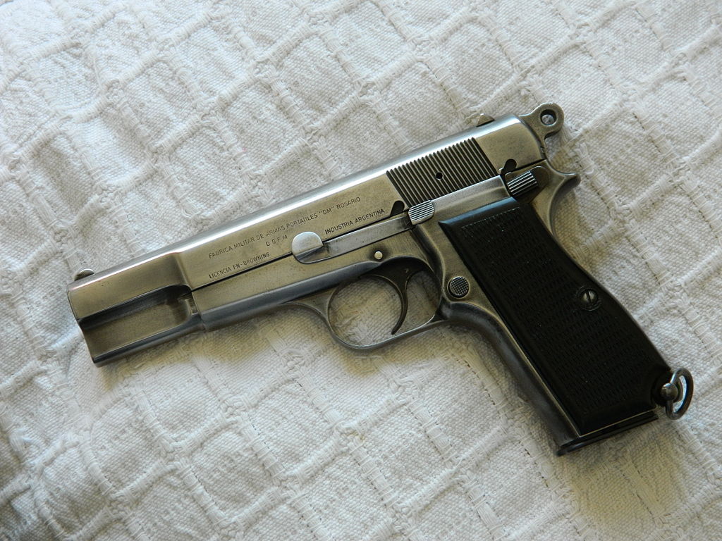 A worn Browning Hi-Power, made in Argentina in the mid-1970s