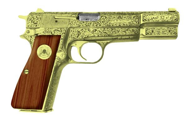 A Browning Hi-Power decorated using the technique of damascening. Of the few created, one of these models was once in the personal possession of Muammar Gaddafi