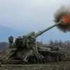 Ukrainian 2S7 Pion self-propelled gun firing artillery shell during the Russian invasion of Ukraine