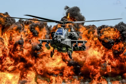 Apache helicopter flying through fire and smoke