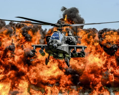 Apache helicopter flying through fire and smoke