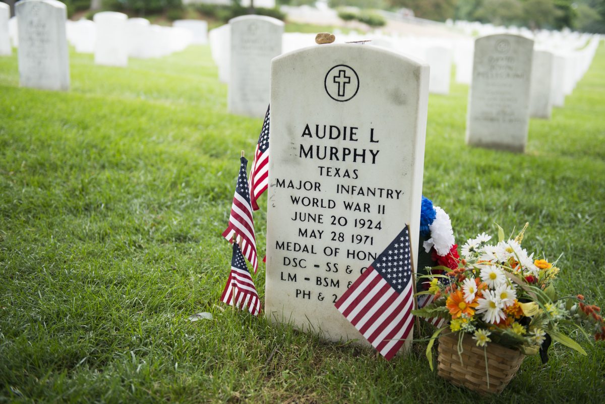Audie L. Murphy American soldier in World War II. He is buried in Section 46, grave 366-11 in Arlington National Cemetery