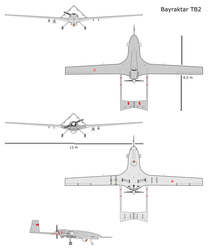 5-view drawing of Bayraktar TB2 tactical drone in flight configuration. The craft is armed with a MAM-L bomb on an inner and a MAM-C bomb on an outer stb.
