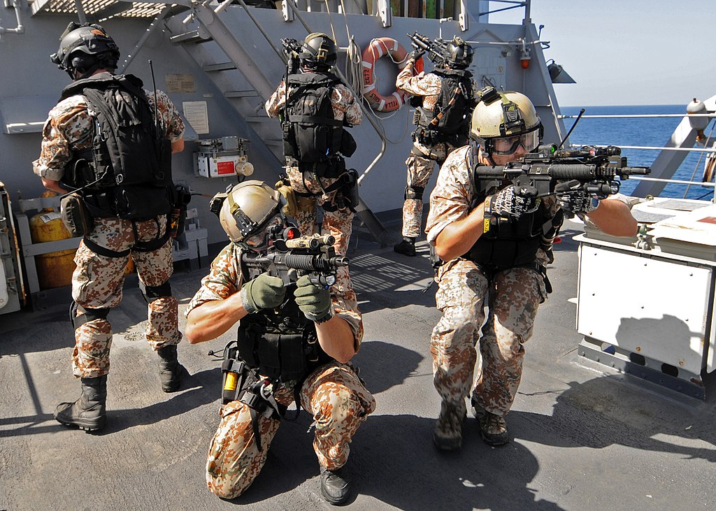 US and Danish military personnel training for VBSS operations on the HDMS Absalon and USS Vela Gulf