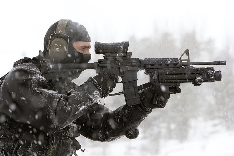 Special operations forces operator aiming through reflex sight on Colt Canada C7 rifle