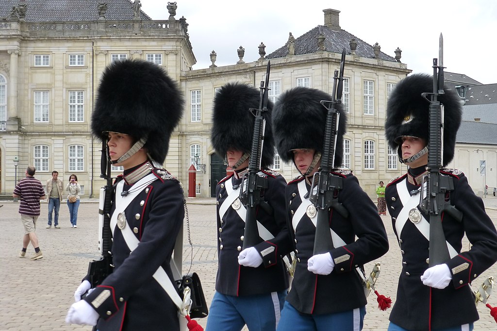 Danish Royal Guards marching in traditional uniform with C7A1 rifles