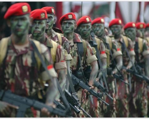 Indonesian special forces Kopassus operators standing in formation