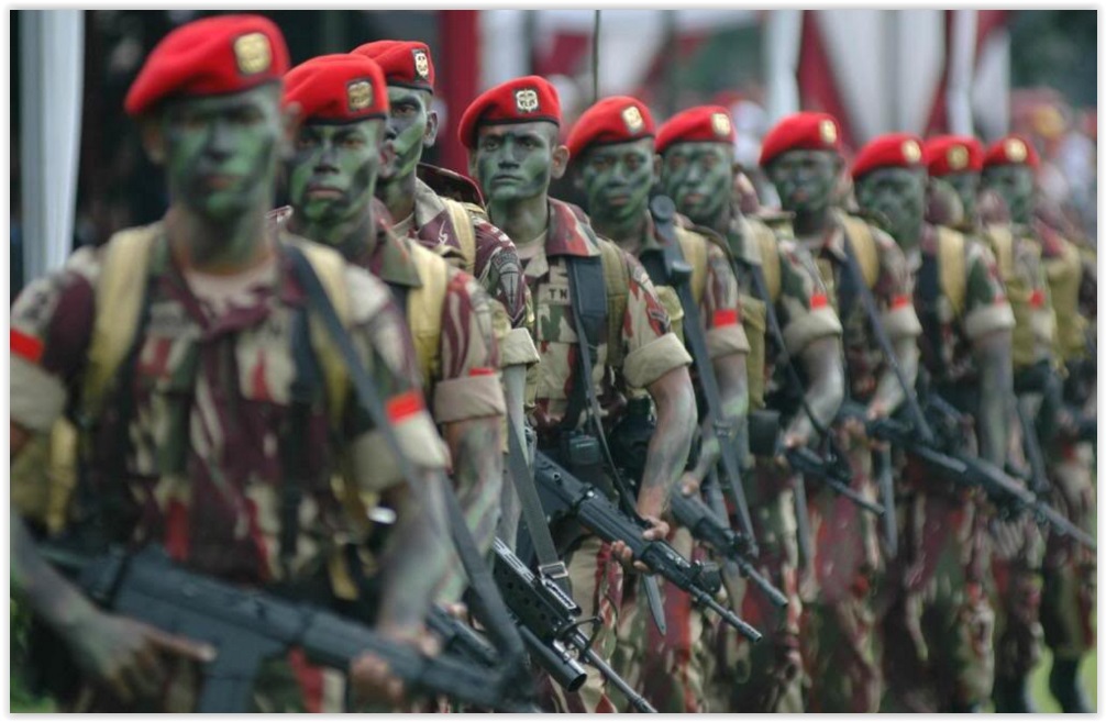 Indonesian special forces Kopassus operators standing in formation