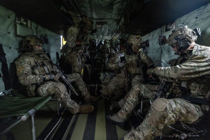 An elite operators of the Denmark's Jaeger Corps inside the helicopter