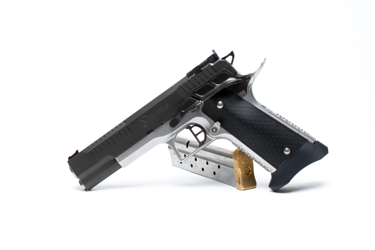 A black Kratos 1911 pistol on a white background with the M-Arms and Phoenix logos on the slide