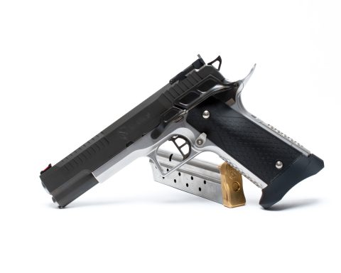 A black Kratos 1911 pistol on a white background with the M-Arms and Phoenix logos on the slide