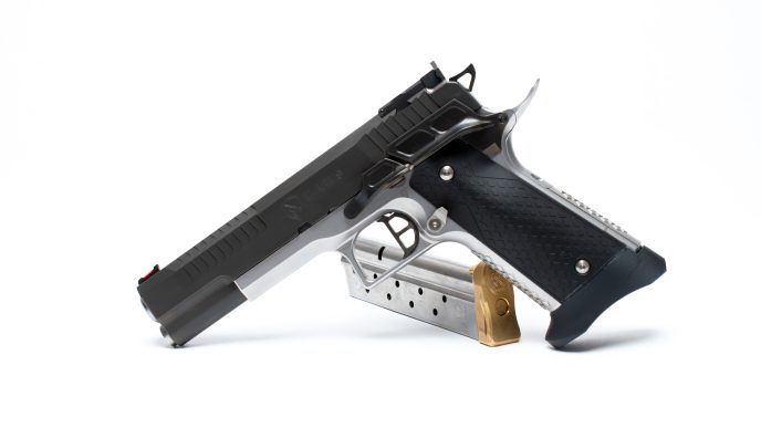 A black Kratos 1911 pistol on a white background with the M-Arms and Phoenix logos on the slide