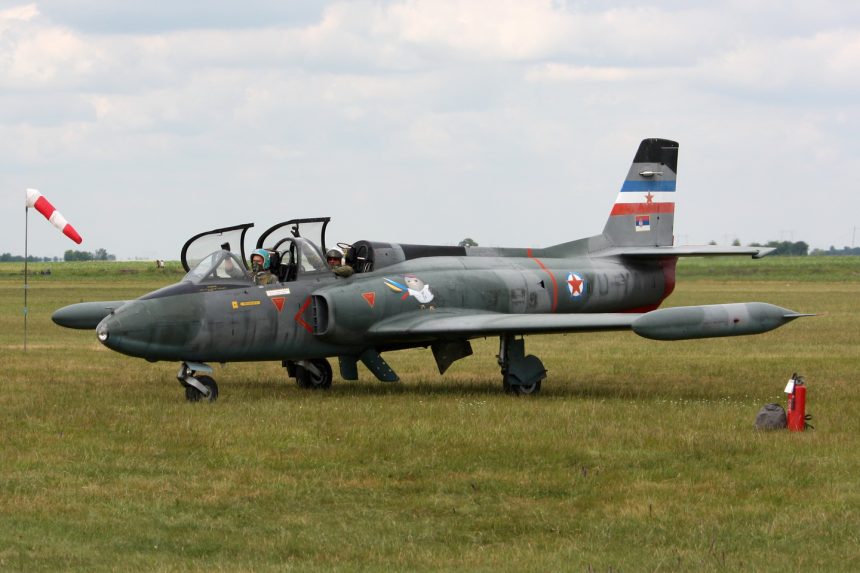 Airshow on Čenej airport, Novi Sad. In middle of the picture is G-2 Galeb with registration YU-YAB