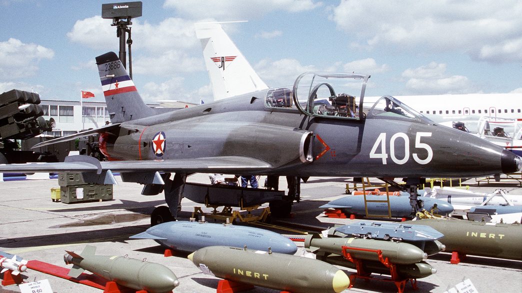 SFR Yugoslav Air Force G-4 Super Galeb light attack and training aircraft showcased at the 1991 Paris Air Show in France