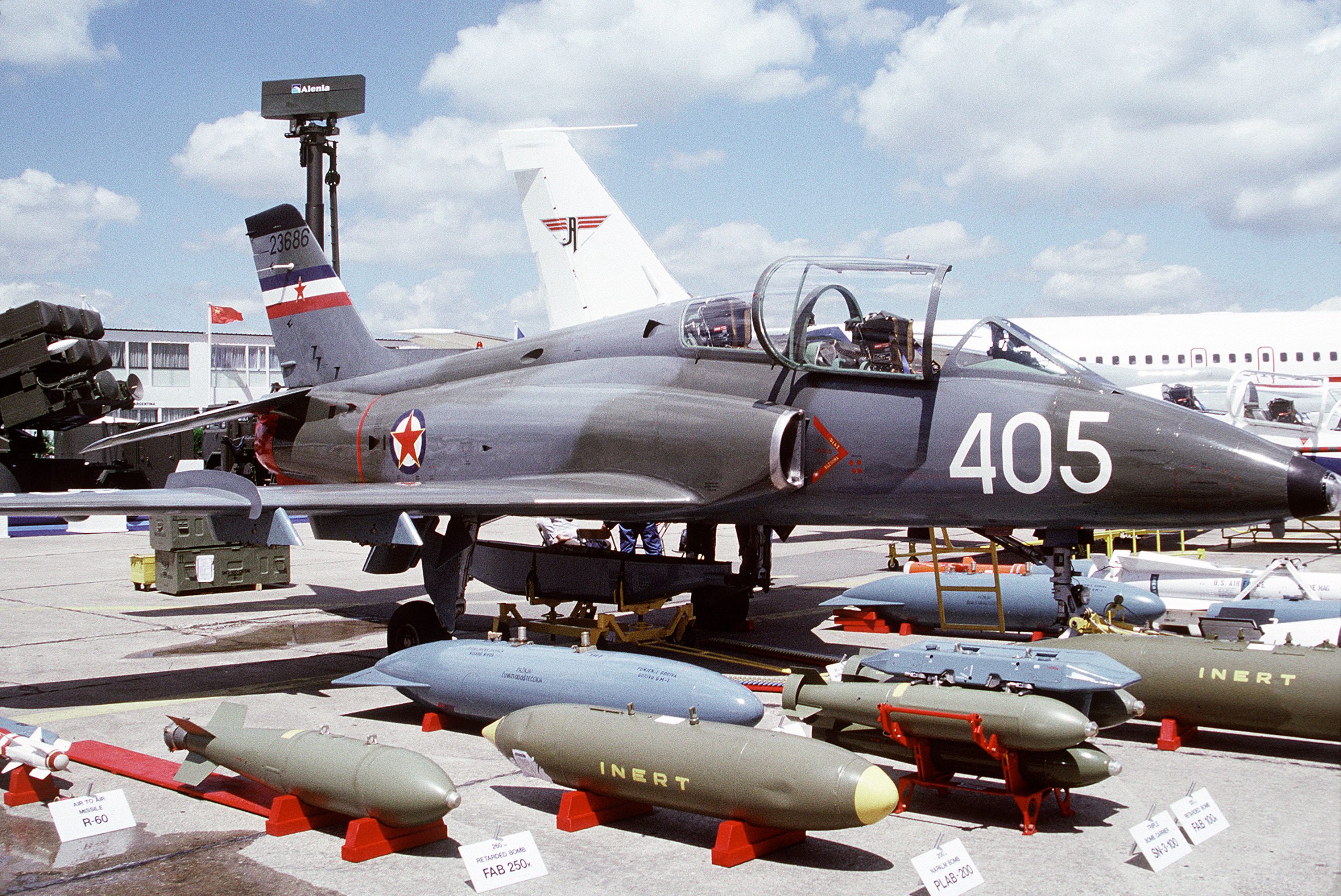 SFR Yugoslav Air Force G-4 Super Galeb light attack and training aircraft showcased at the 1991 Paris Air Show in France