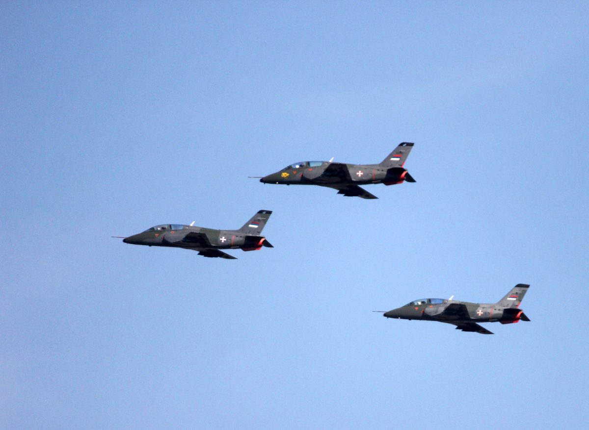 Formation flight of three Soko G-4 Super Galebs from the Serbian Air Force, demonstrating their synchronized aerial skills in 2017