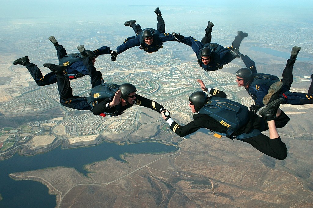 A SEAL "Leap Frogs" parachute team high above San Diego